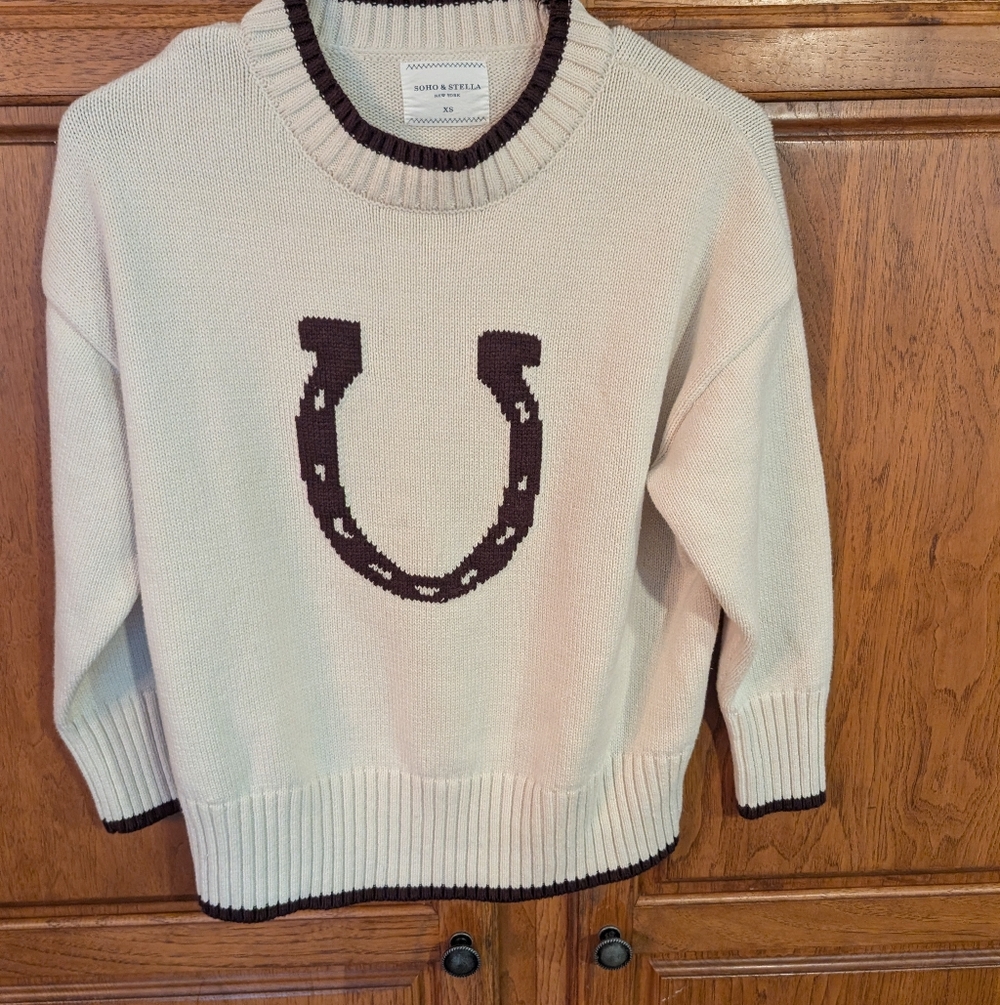 White Sweater with Black Horseshoe Design size large Derby Sweater